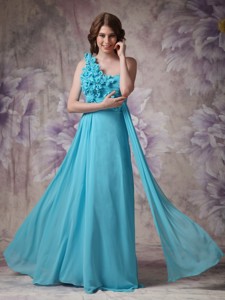 Modern Aqua Blue Empire Chiffon Hand Made Flowers One Shoulder Prom Dress in Floor-length