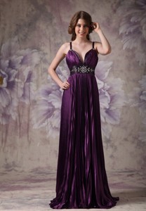 Customize Dark Purple Column Evening Dress Spaghetti Straps Elastic Woven Satin Beading Floor-length