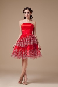 Sexy Red Strapless Prom Dress Taffeta Beading Knee-length