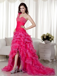 Hot Pink One Shoulder Brush Train Organza Beading Prom Evening Dress