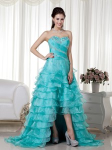 Turquoise Sweetheart Brush Train Organza Beading Prom Evening Dress