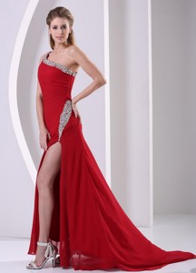 Wine Red High Slit Beaded Decorate One Shoulder and Hip Column Chiffon Prom / Evening Dress For Form