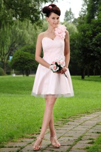Light Pink One Shoulder Mini-length Tulle Hand Made Flowers Prom Homecoming Dress