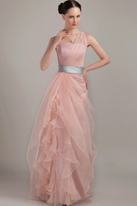 Light Pink Column / Sheath One Shoulder Floor-length Organza Ruffles Prom Dress