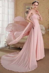 Baby Pink Princess Strapless Brush Train Chiffon Beading Prom Eveni