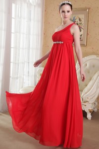 Red Empire One Shoulder Floor-length Chiffon Beading and Ruch Plus Size Prom / Evening Dress