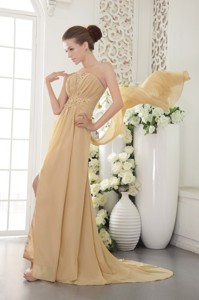 Gold Empire Strapless Brush Train Chiffon Appliques and Ruch Prom / Graduation Dress