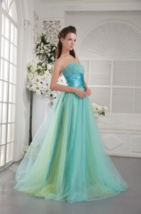 Aqua Blue Princess Sweetheart Brush Train Tulle Beading Prom / Graduation Dress