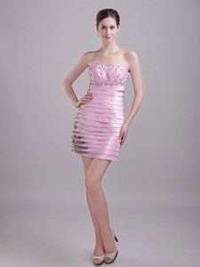 Baby Pink Column/Sheath Strapless Knee-length Taffeta and Leopard Beading Ruffles Prom / Homecoming