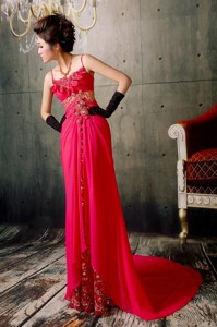 Hot Pink Spaghetti Straps Appliques With Beading Prom / Evening Dress With Court Train In Fishponds