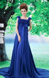 Royal Blue Flowers Decorate Prom Dress With Lace Sequare Neckline In Cordova