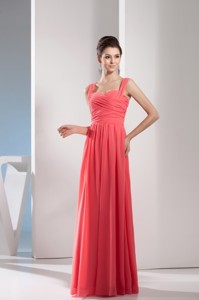 Elegant Watermelon Red Straps Floor-length Prom Gown with Ruching