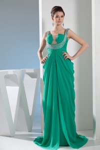 Beautiful Sweep Train Green Prom Dress with Ruching and Beading