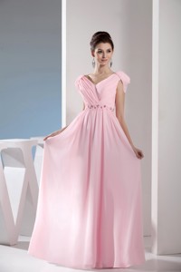 Empire Light Pink V-neck Beading And Ruching Long Prom Dress