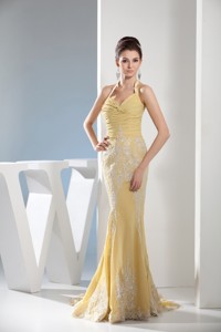 Mermaid Halter Gold Prom Dress with Appliques and Ruching
