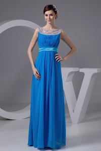 Beading And Ruches Accent Long Blue Scoop Prom Gown Dress