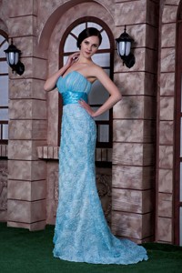 Cute Aqua Blue Column Prom Dress Sweetheart Fabric With Rolling Flowers Brush Train