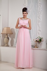 Fashionable Baby Pink Empire Scoop Prom Dress Chiffon Beading Floor-length