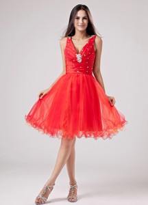 Red V-neck Sweet Sweet 16 Dress With Beading And Ruch Organza