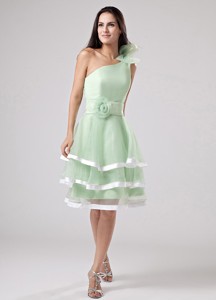 Sweet Apple Green Ruffled Layeres Sweet 16 Dress One Shoulder Hand Made Flowers And Sash