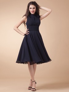 High-neck And Ruched Bodice For Custom Made Navy Blue Sweet 16 Dress