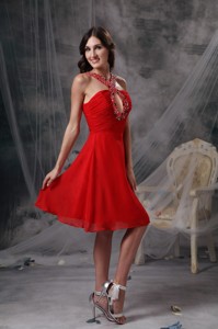Modern Red Empire V-neck Sweet 15 Dress Chiffon Beading Knee-length