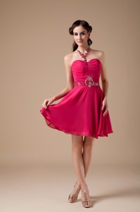Formal Hot Pink Empire Sweetheart Sweet 15 Dress Chiffon Beading Mini-length