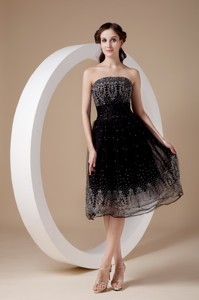 Low Price Black Sweet 16 Dress Strapless Organza Embroidery Tea-length