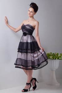 Black Empire Sweetheart Tea-length Tulle Hand Made Flowers Prom / Sweet Sixteen Dress