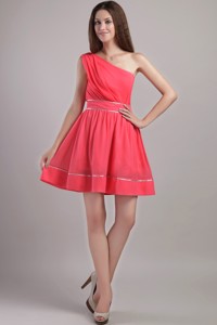 Coral Red One Shoulder Mini-length Chiffon Prom Sweet 15 Dress