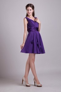 Purple Empire V-neck Mini-length Chiffon Handle Flowers Sweet 16 Dress