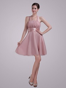 Pink Princess Halter Mini-length Chiffon Ruch Prom Sweet Sixteen Dress