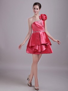 Red Princess One Shoulder Mini-length Taffeta Rhinestone Prom Sweet Sixteen Dress