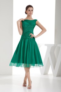 Green Bateau Beading And Ruching Prom Gowns With Chiffon