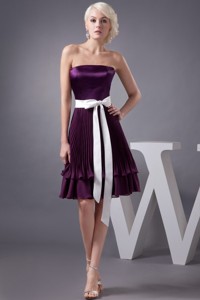Eggplant Purple Knee-length Prom Gown Dress with Sash and Pleats