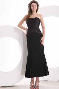 Black Column Strapless Ankle-length Lace Homecoming Dress With Ruching