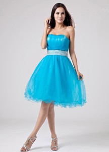 Teal Strapless Cocktail Dress With Sash And Ruch With Organza