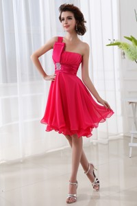 Coral Red One Shoulder Chiffon Ruching Cocktail Dress