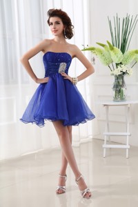 Strapless Beading And Ruching Organza Cocktail Dress In Blue
