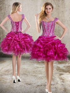 Pretty Beaded Bodice and Ruffled Straps Hot Pink Prom Gown with Cap Sleeves