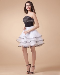 Beautiful Sequined White And Black Cocktail Dress With Mini Length