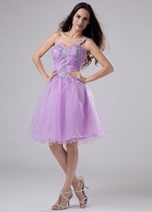 Popular One Shoulder Prom Homecoming Dress Lavender Appliques And Ruched Bodeice