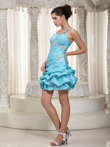 Aqua One Shoulder Mini-length Taffeta Beading Prom Cocktail Dress