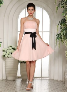 Baby Pink Strapless Prom Dress With Black Sash Knee-length