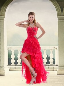 Coral Red Ball Gown Strapless Cocktail Dress With Ruffles And Beading