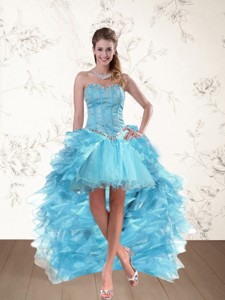 Baby Blue Sweetheart High Low Cocktail Dress With Ruffles And Beading