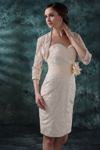 Champagne Column Sweetheart Knee-length Wedding Dress with Flowers 