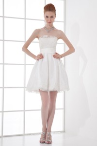 Elegant Strapless Knee-length Lace Belt White Wedding Dress