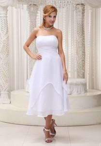 Simple White Wedding Dress Custom Made Ruched Bodice Tea-length