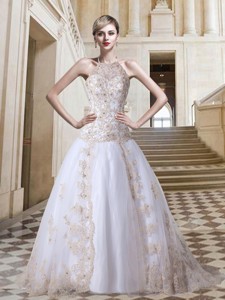 Tulle Ball Gown Halter Court Train Lace Up Appliques Exclusive Wedding Dress 